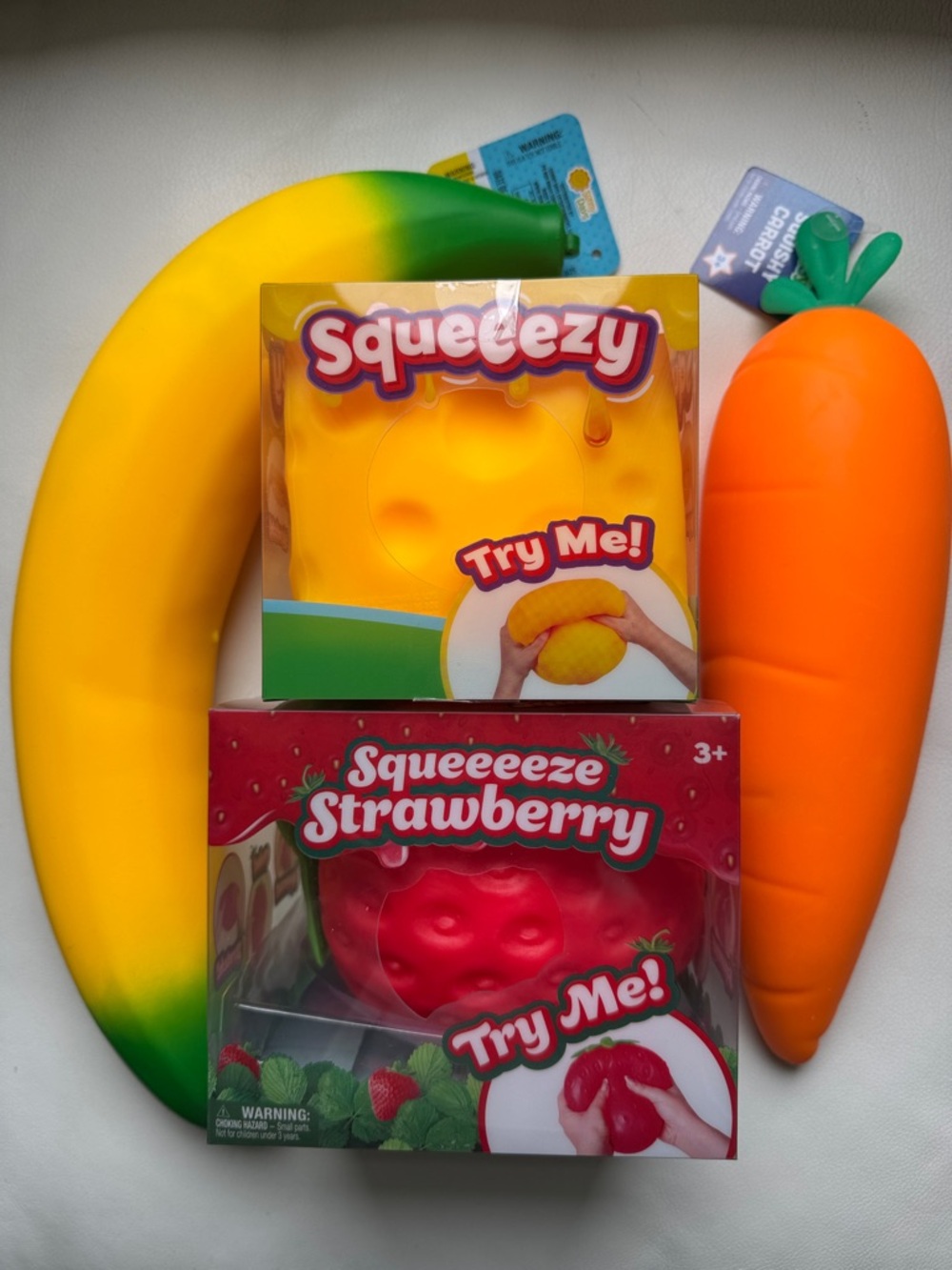 SHIPS TODAY! Cheese Strawberry Banana Carrot Sunny Days Squeezy Squishy Toy New